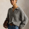 RALPH LAUREN-Maglia in Lana a Trecce con Collo Polo Grigio-TRYME Shop