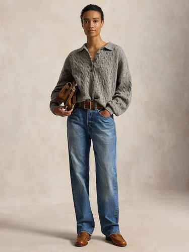 Maglia in Lana a Trecce con Collo Polo Grigio
