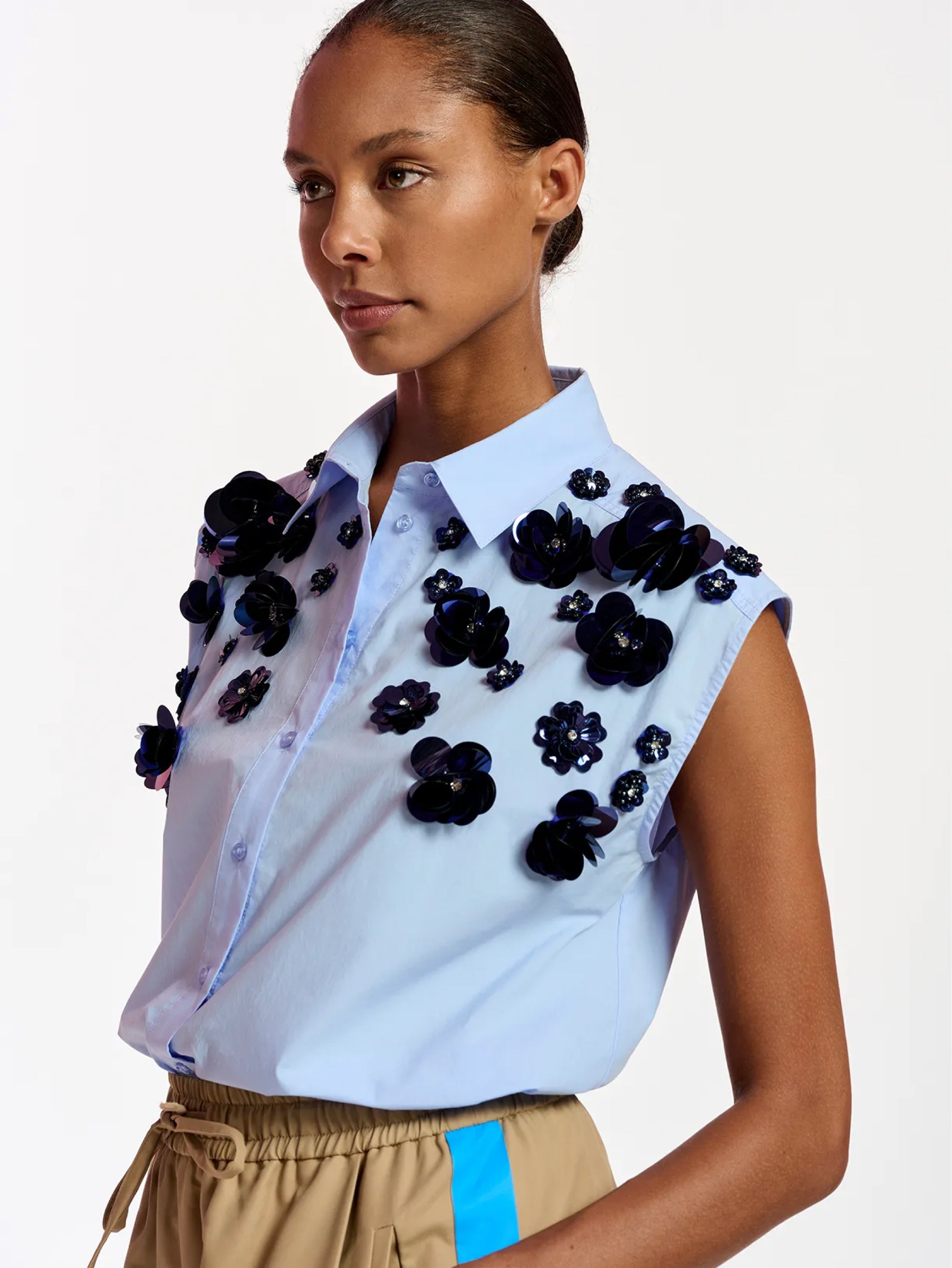 Shirt with Blue Sequin Flowers