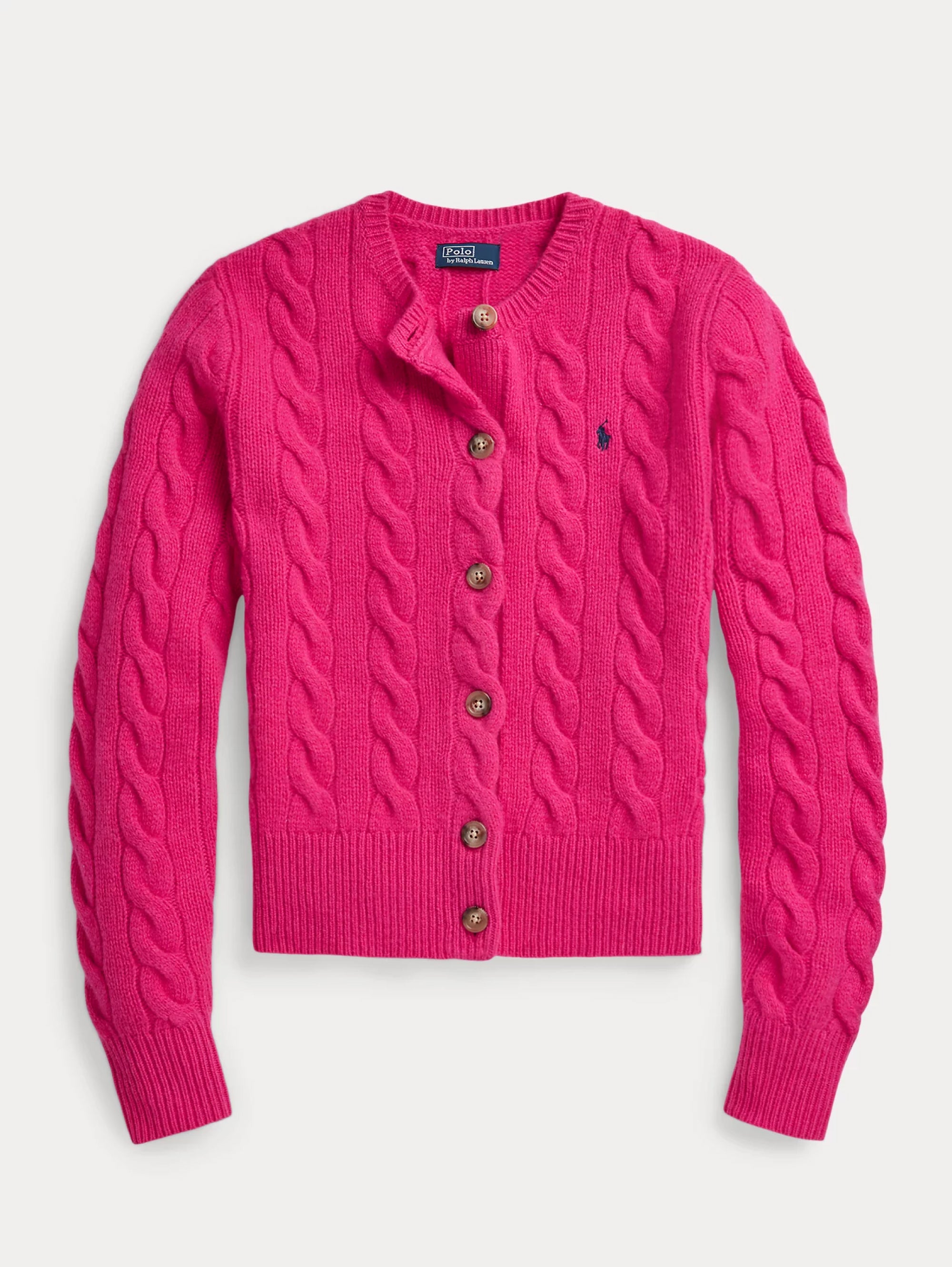 Cable Cardigan with Pink Scalloped Closure