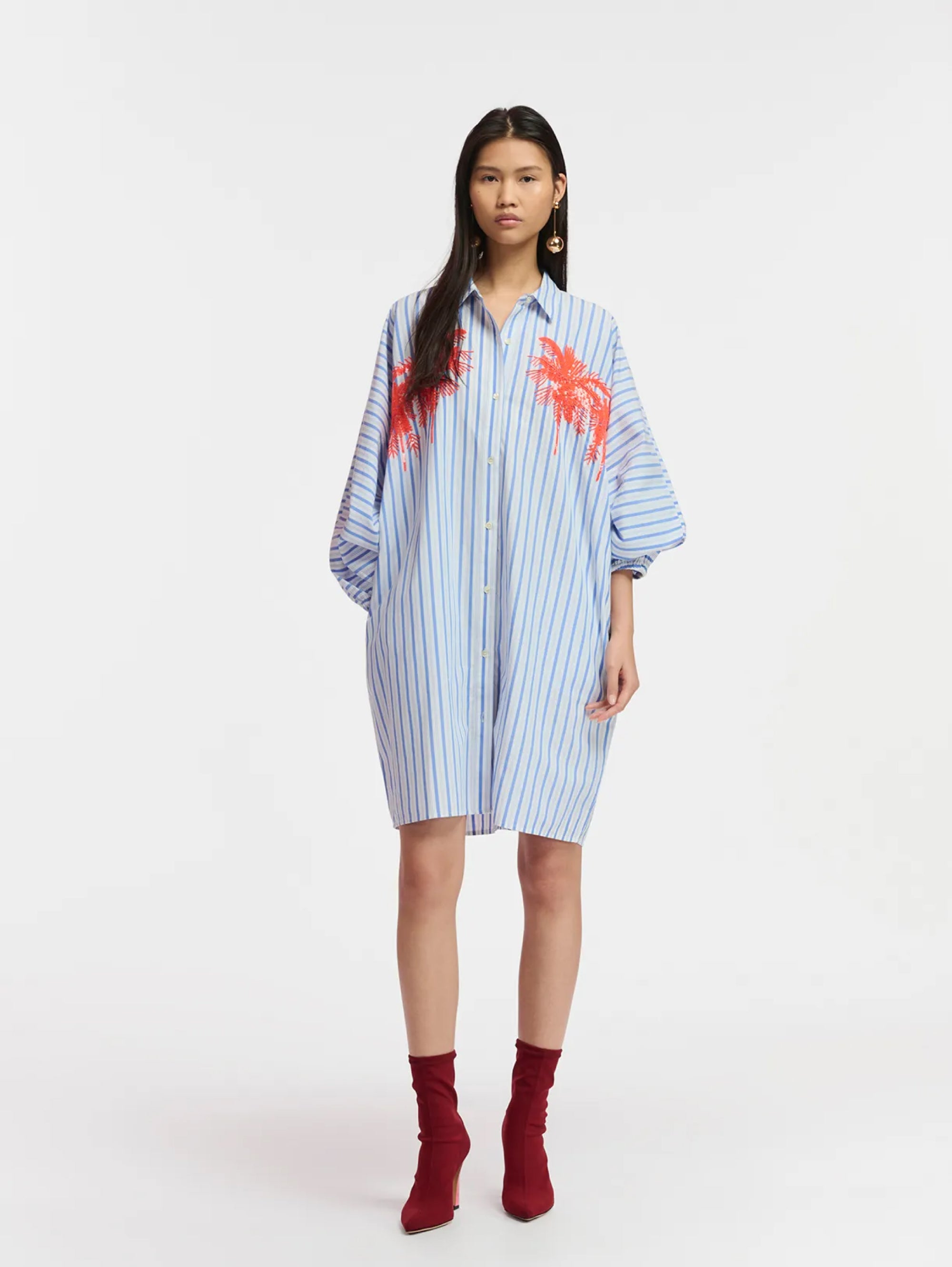 Striped Shirt Dress with White/Blue Embroidery