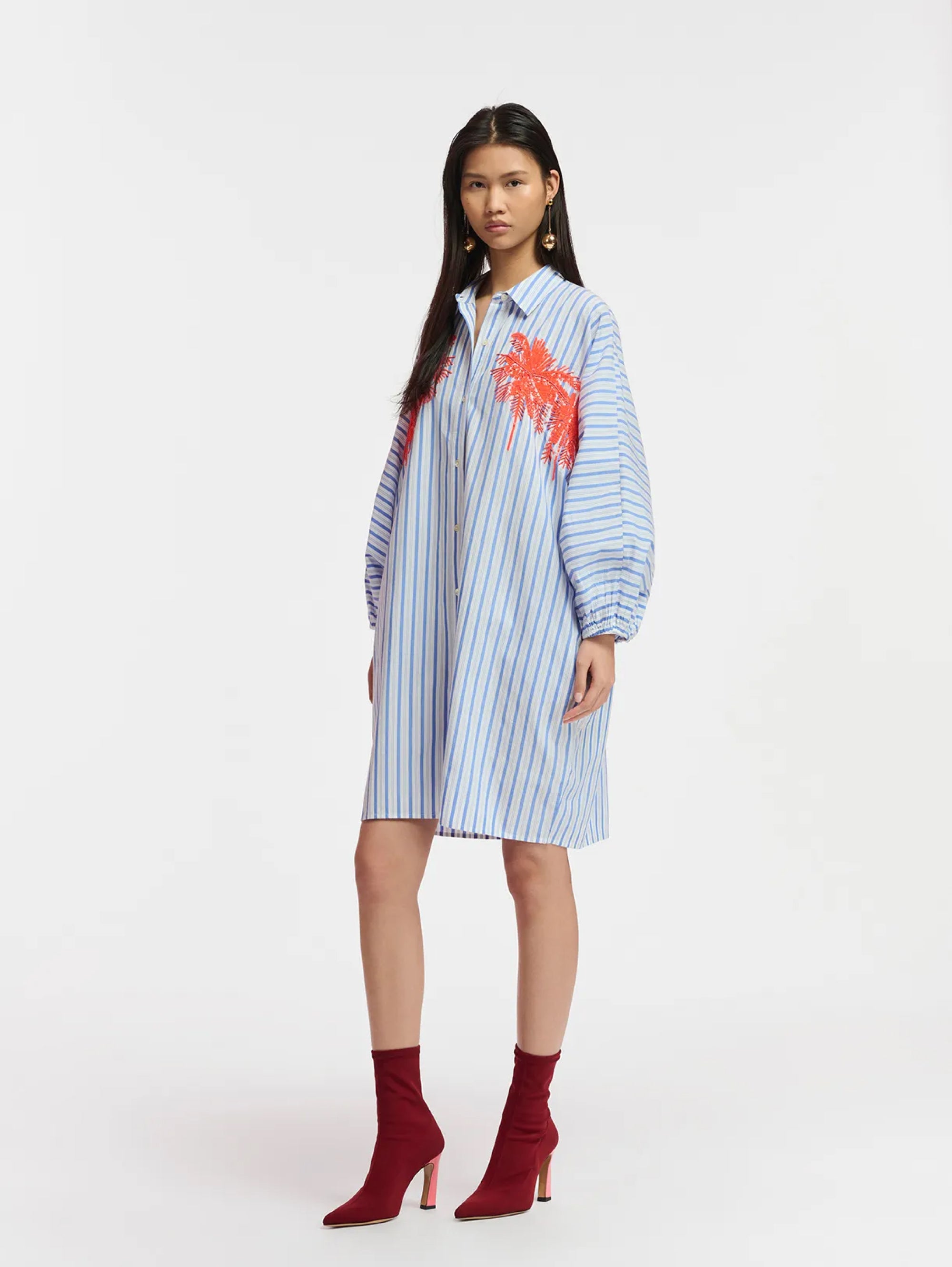 Striped Shirt Dress with White/Blue Embroidery