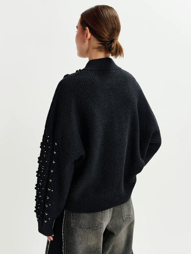 Cardigan with Floral Applications and Rhinestones Black