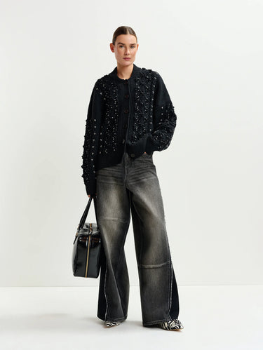 Cardigan with Floral Applications and Rhinestones Black
