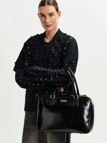 Cardigan with Floral Applications and Rhinestones Black