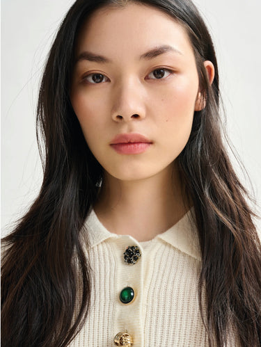 Ribbed Polo with Jewel Buttons White