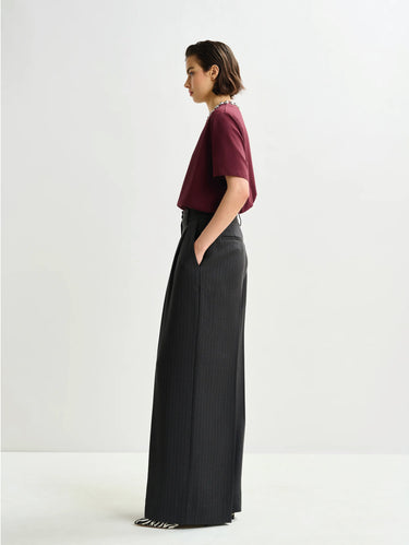 Black Pinstripe Wide Pants with Pressed Pleats