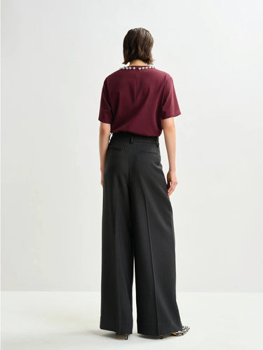 Black Pinstripe Wide Pants with Pressed Pleats