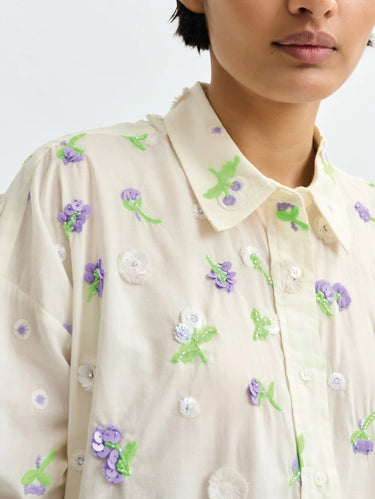 Shirt with Floral Embroidery White
