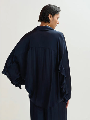 Oversized blouse met volant aan de mouwen blauw