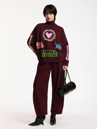 Felpa Girocollo in Cotone con Stampe Bordeaux