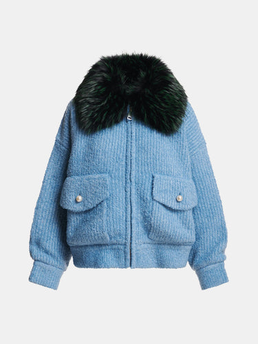 Bomber in Maglia Bouclè con Pelliccia Removibile Azzurro