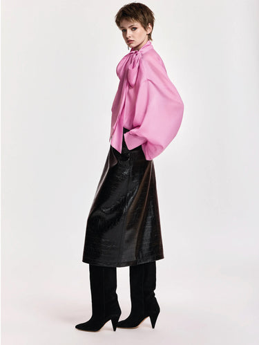 Camicia con Fiocco e mManiche a Sbuffo Rosa