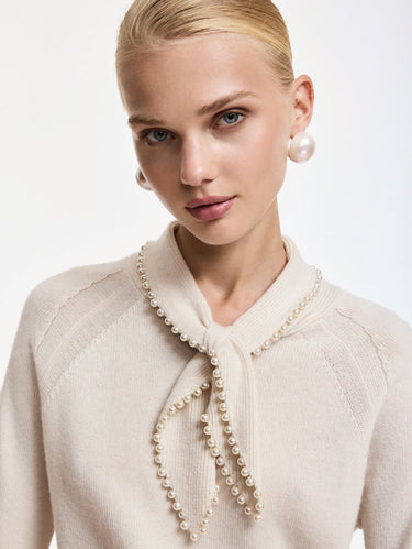 Maglione Misto Cashmere con Colletto e Perline Bianco
