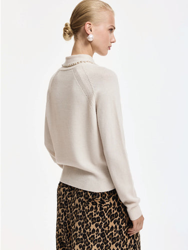 Maglione Misto Cashmere con Colletto e Perline Bianco