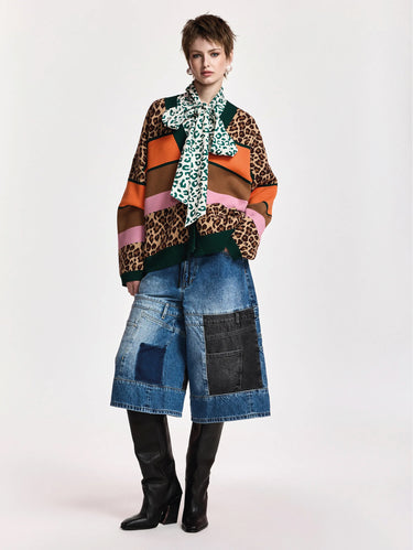 Cardigan Oversize con Stampa Leopardata e Righe Multicolor