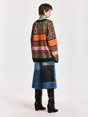 Cardigan Oversize con Stampa Leopardata e Righe Multicolor