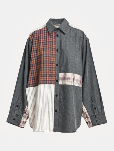 Camicia Oversize con Patchwork Grigio/Marrone