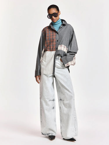 Camicia Oversize con Patchwork Grigio/Marrone