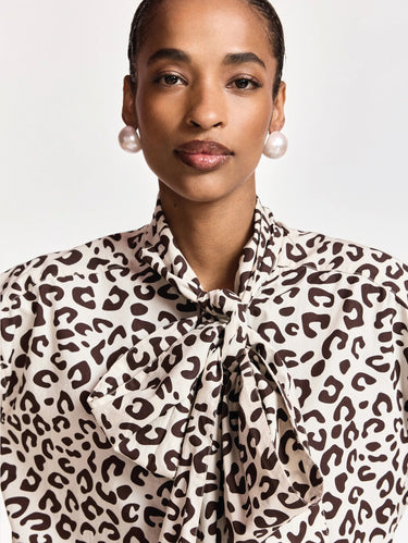 Camicia Oversize Maculata con Fiocco Beige