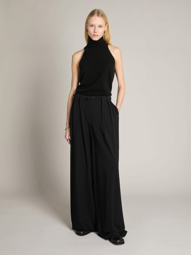 Pantaloni in Jersey con Gamba Larga e Pieghe Nero