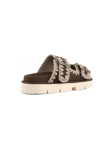 Sandali Bassi con Doppia Fibbia in Suede Marrone
