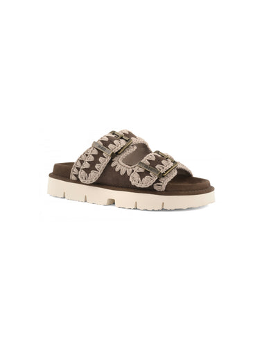 Sandali Bassi con Doppia Fibbia in Suede Marrone
