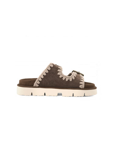 Sandali Bassi con Doppia Fibbia in Suede Marrone