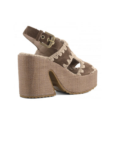 Sandali con Zeppa in Raffia Marrone