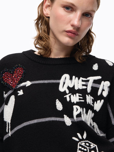 Maglia in Lana con Ricami Punk Nero
