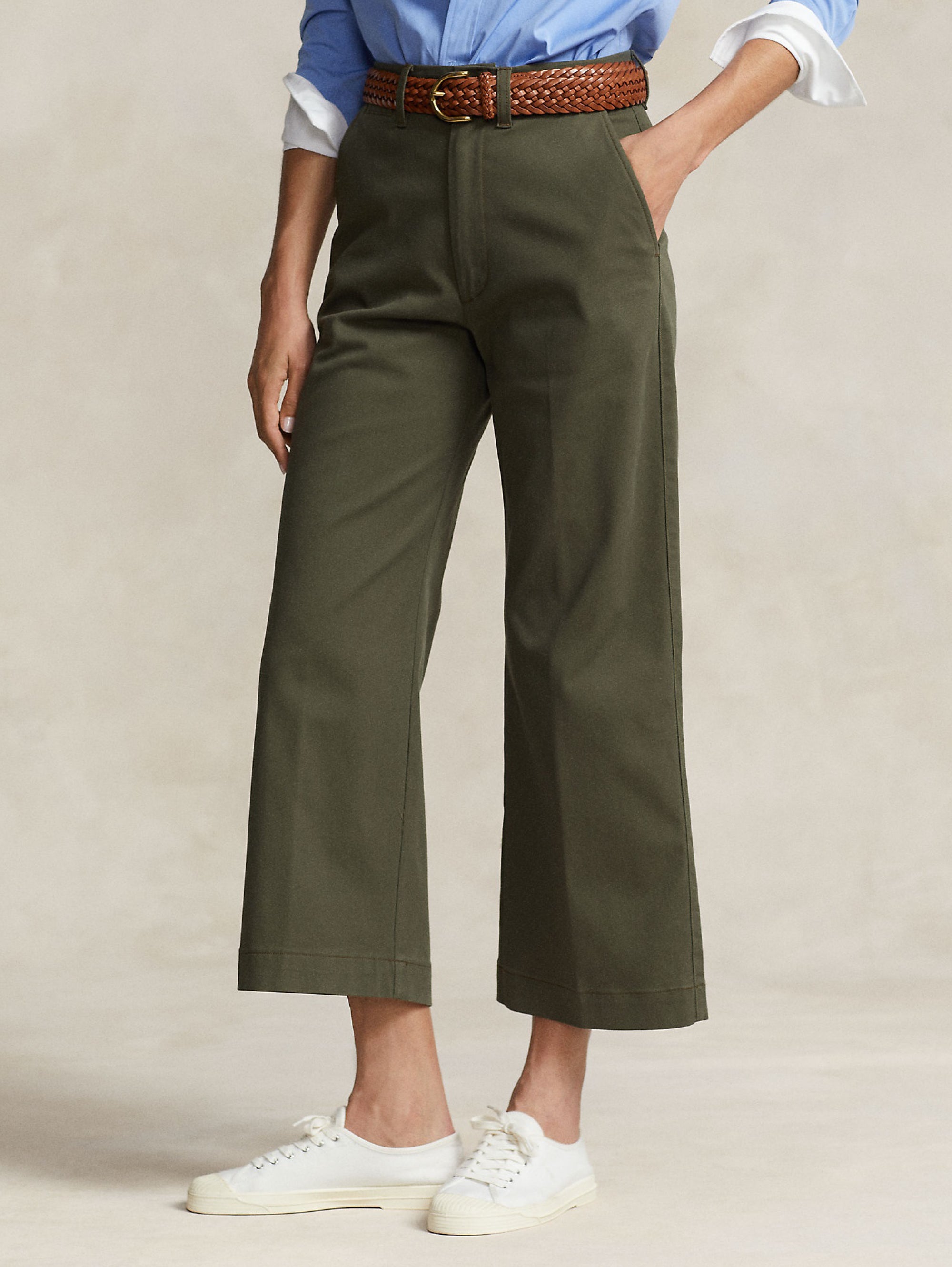 RALPH LAUREN-Pantaloni in Twill di Cotone Cropped Verde-TRYME Shop