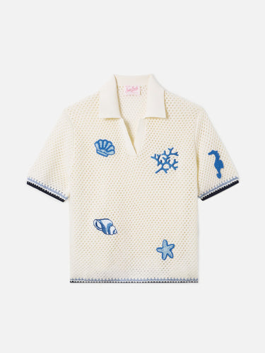 White Openwork Knit Polo with Patch