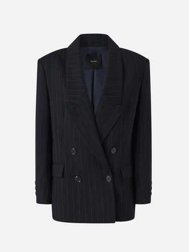 PINKO-Giacca Gessato Doppiopetto con Collo a Revers Blu-TRYME Shop