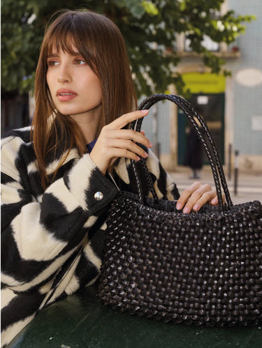 Borsa a Mano in Pelle Intrecciata Santa Croce Cactus Nero