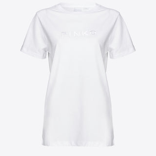PINKO-T-shirt con Logo Ricamato Bianco-TRYME Shop