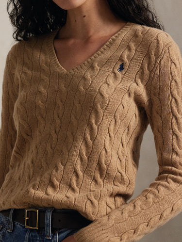 Maglia Collo a V in Misto Cashmere Cammello