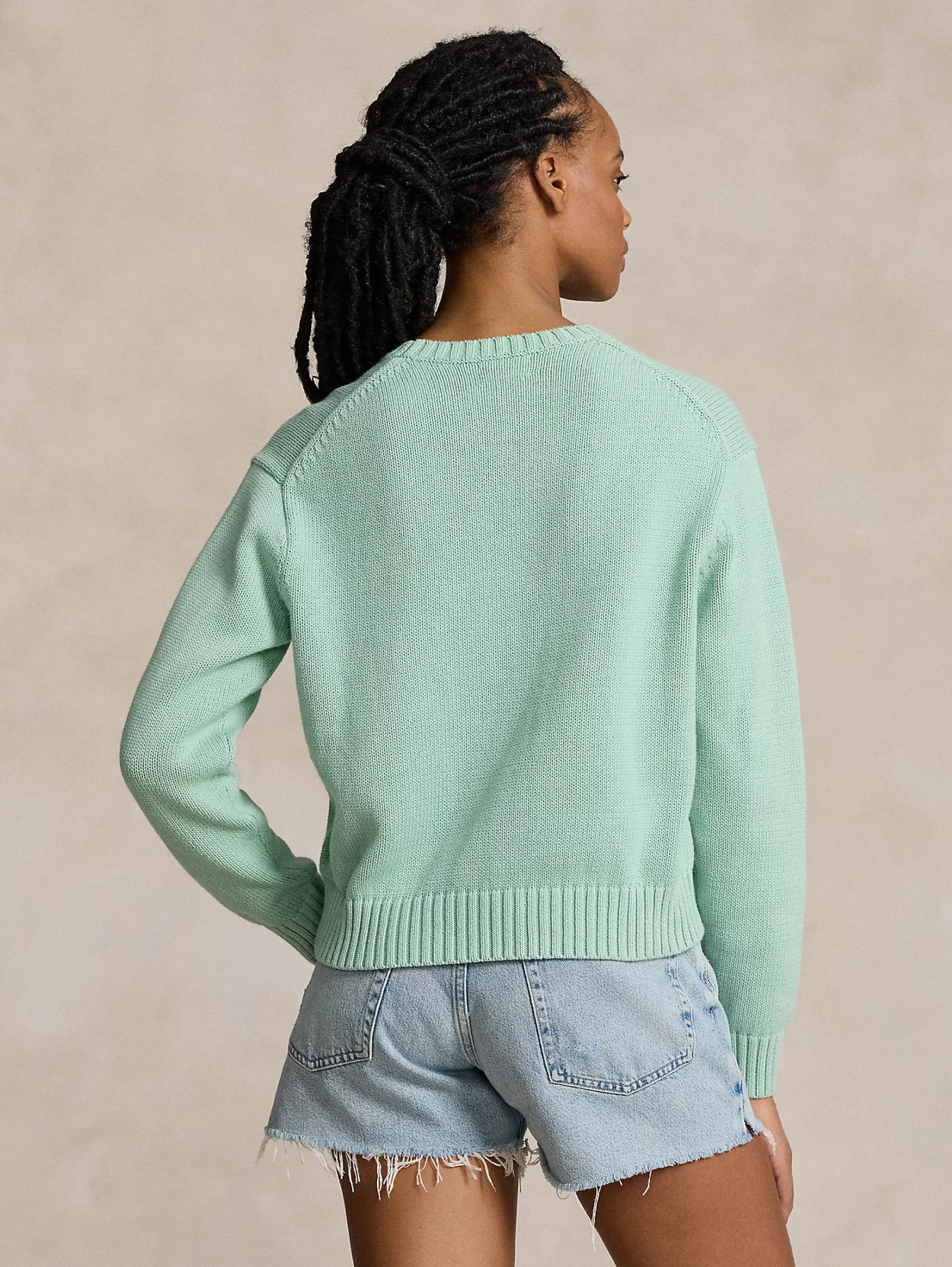 Crewneck Sweater with Celadon Green Polo Bear Embroidery
