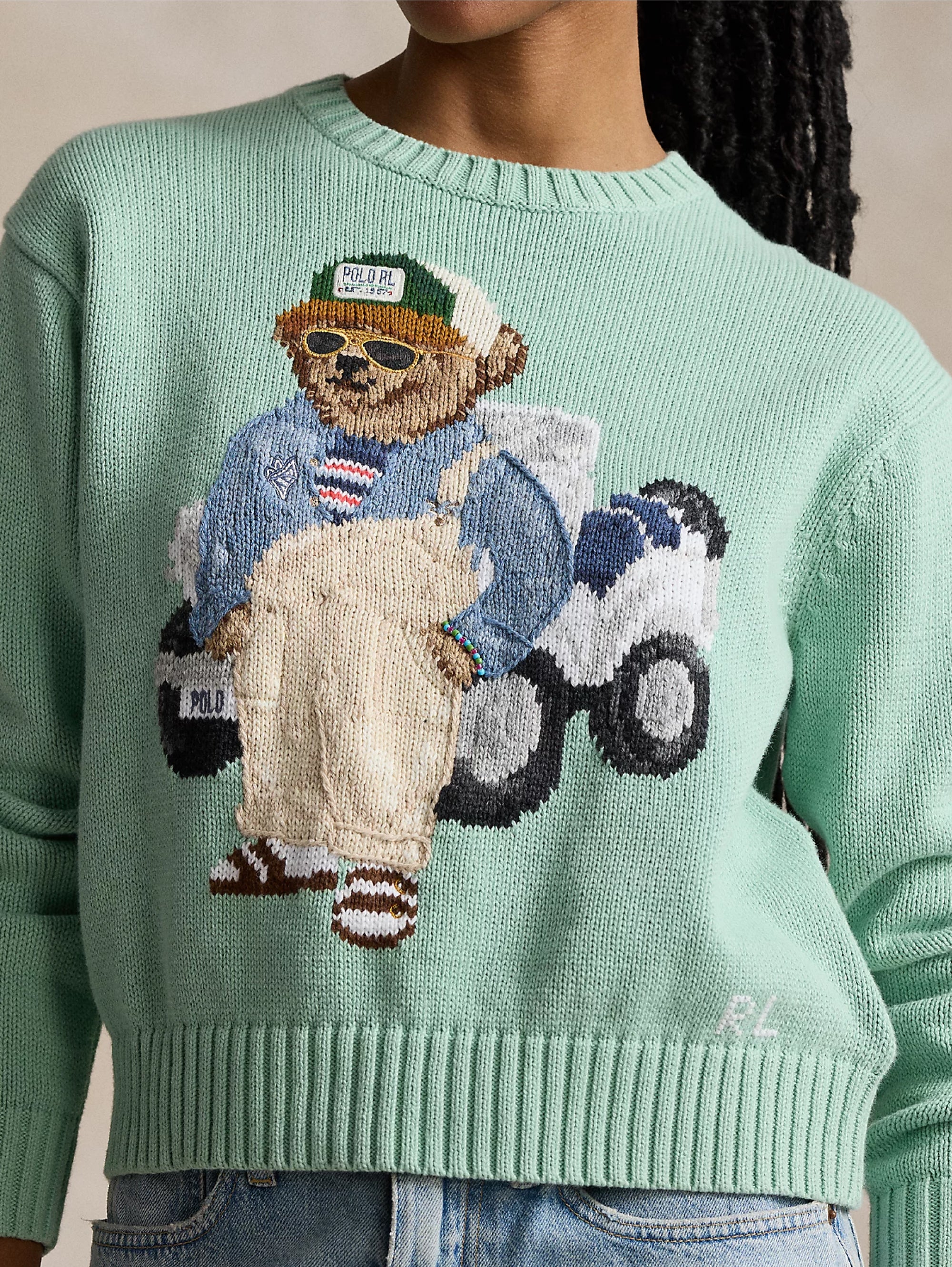 Crewneck Sweater with Celadon Green Polo Bear Embroidery