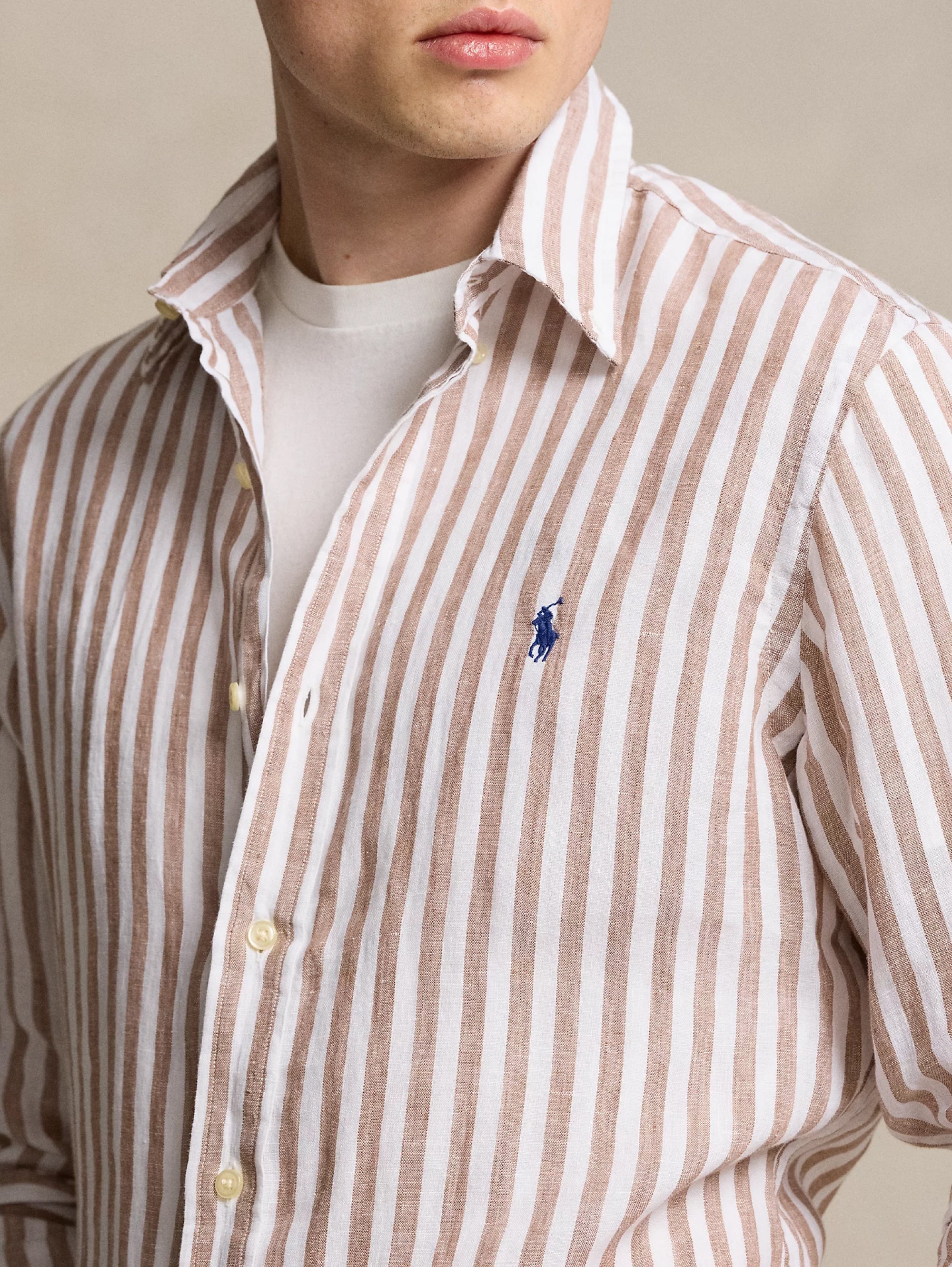 Camicia a Righe Custom Fit in Lino Khaki/Bianco