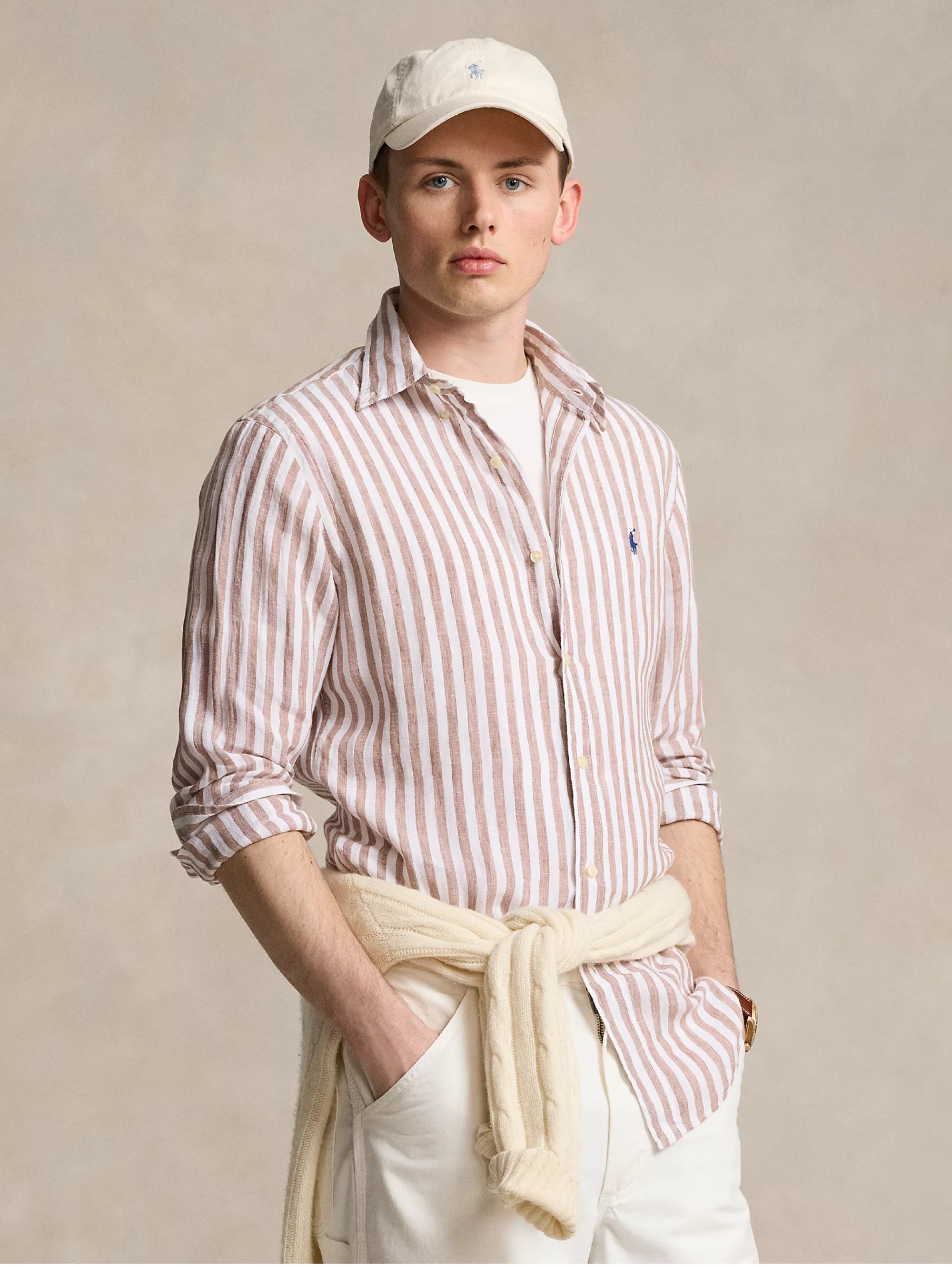 Custom Fit Striped Shirt in Khaki/White Linen