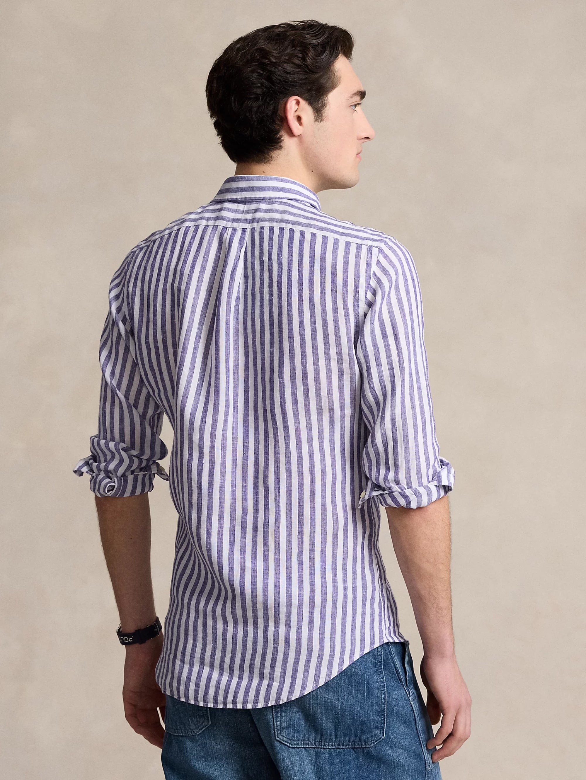 Custom Fit Striped Shirt in Blue/White Linen