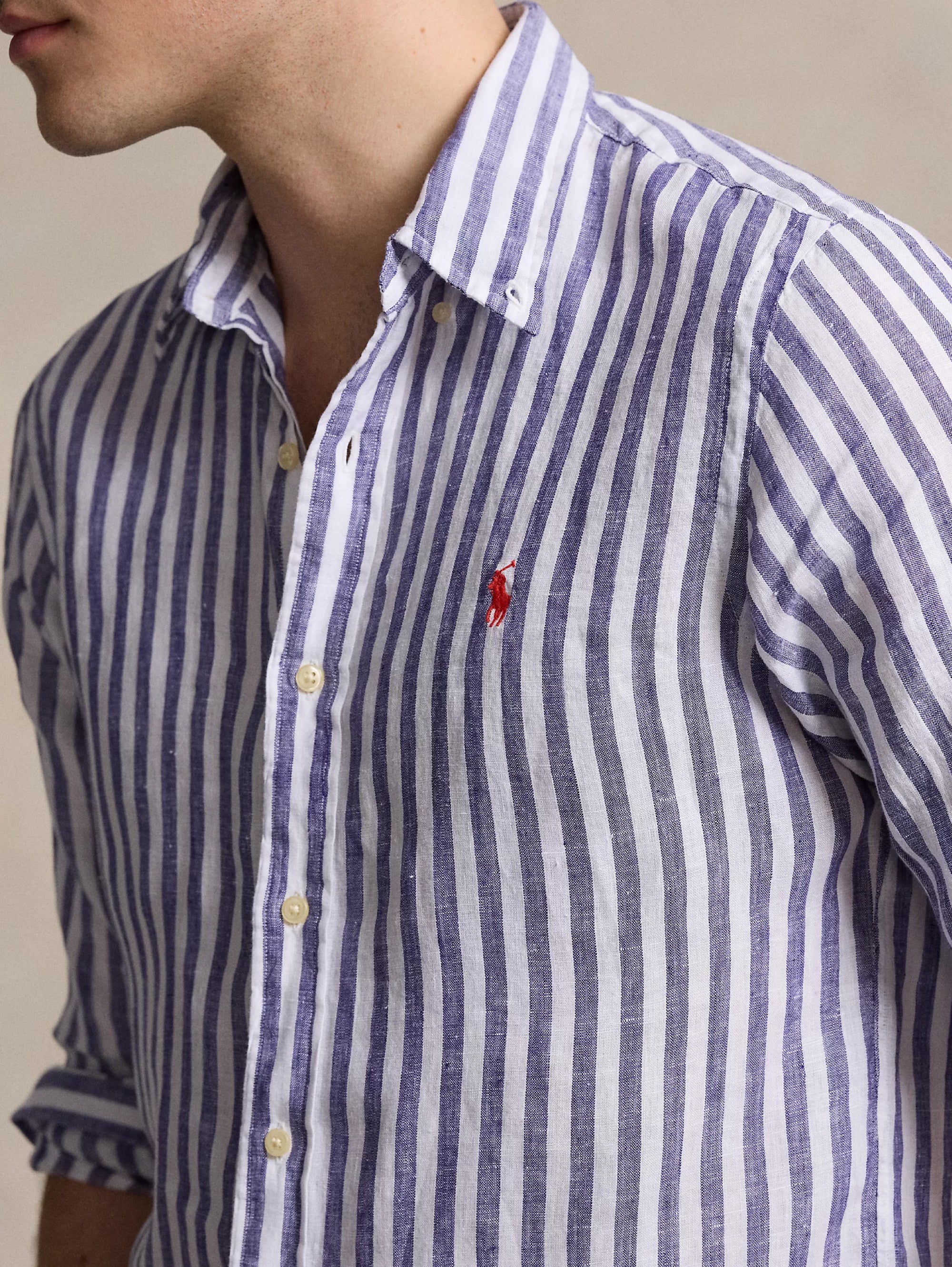 Custom Fit Striped Shirt in Blue/White Linen