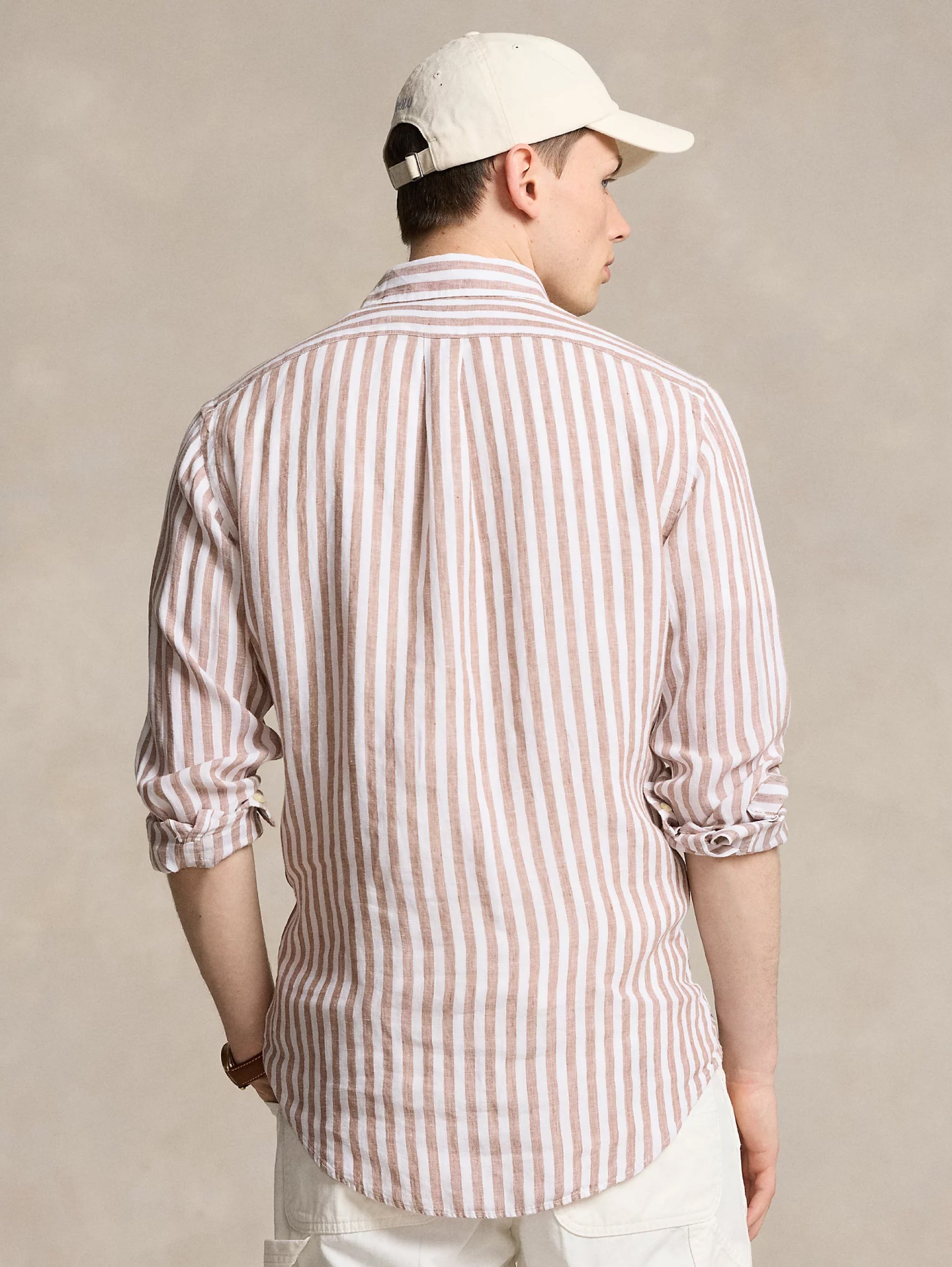 Custom Fit Striped Shirt in Khaki/White Linen
