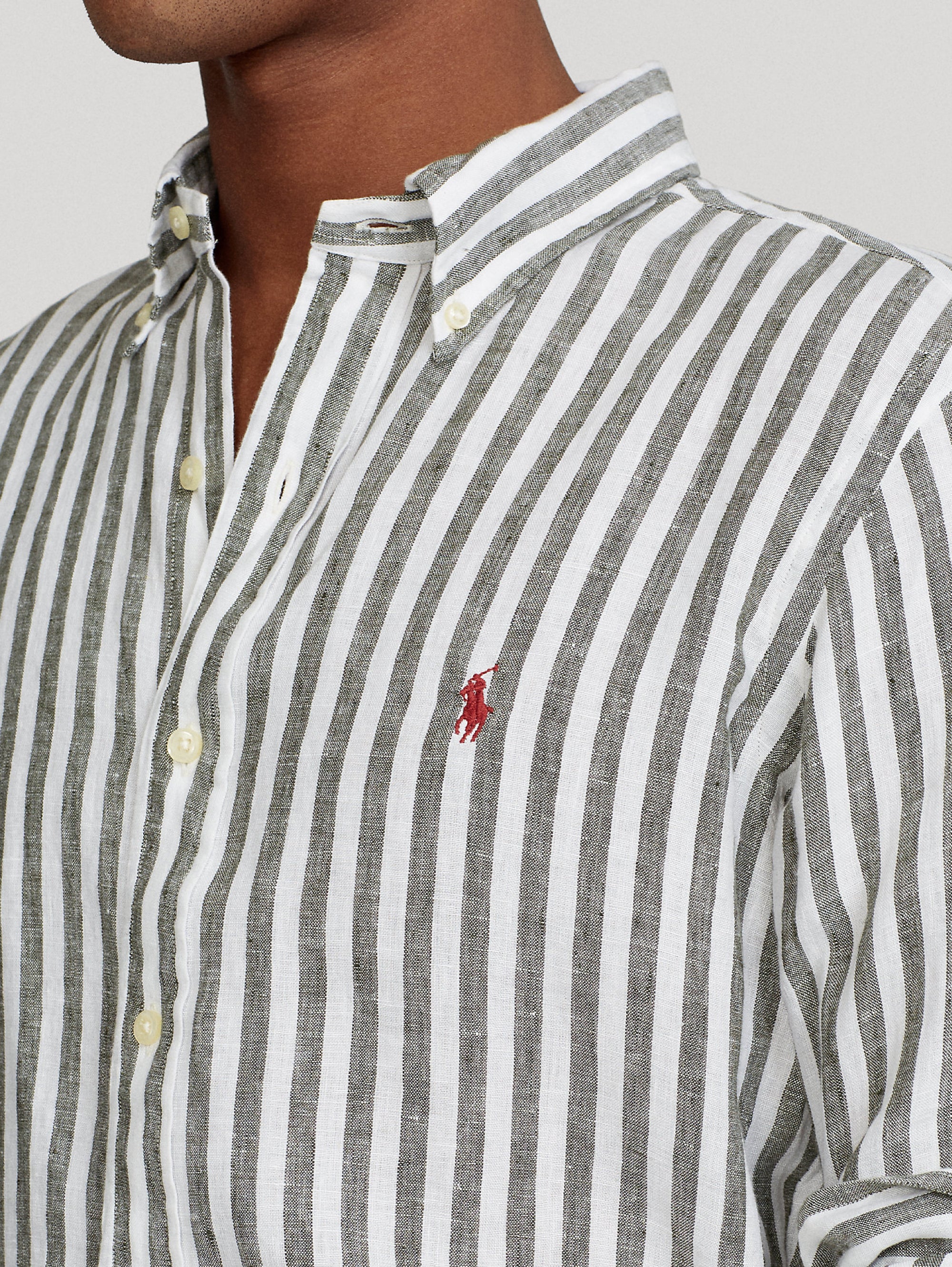 Custom Fit Striped Shirt in Green/White Linen