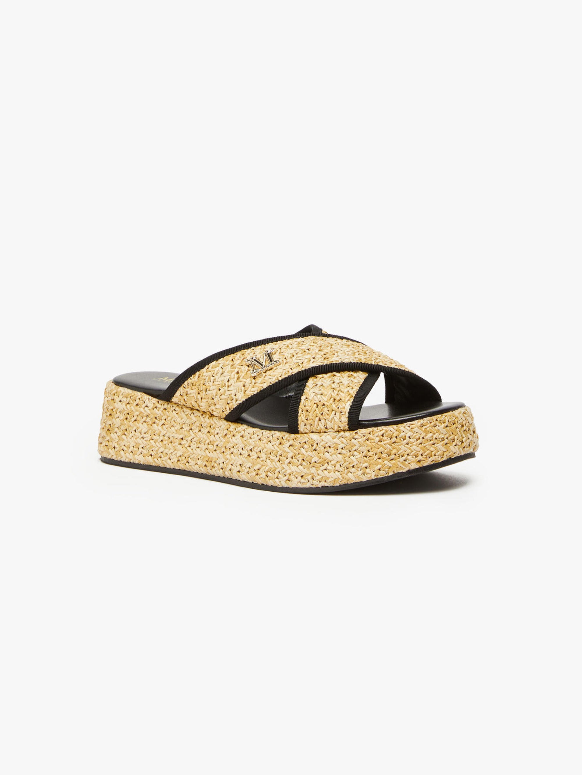 Sandals with Wedge and Cross Band in Beige Raffia