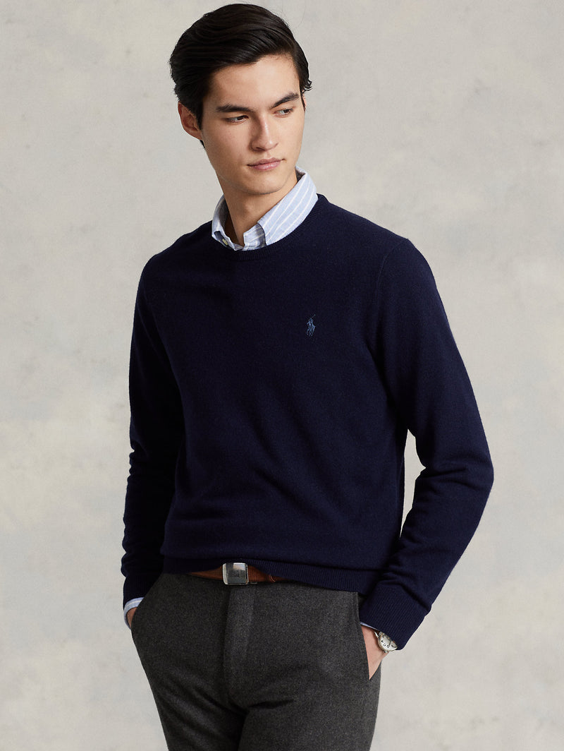 RALPH LAUREN-Maglia Girocollo in Lana Blu Scuro-TRYME Shop