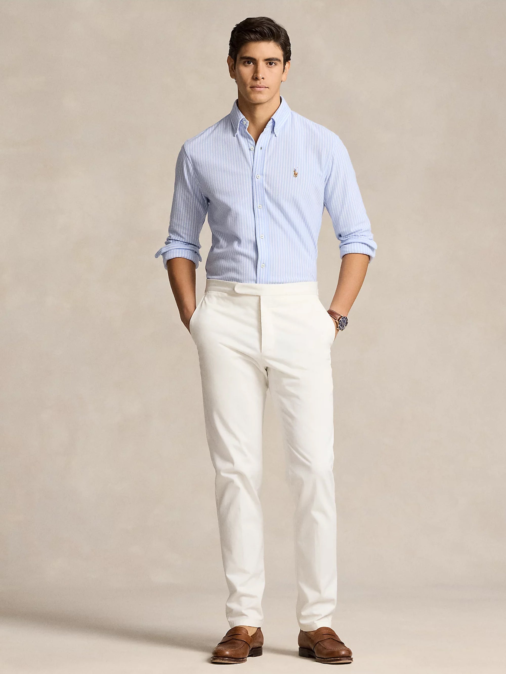 White/Blue Striped Knit Oxford Shirt