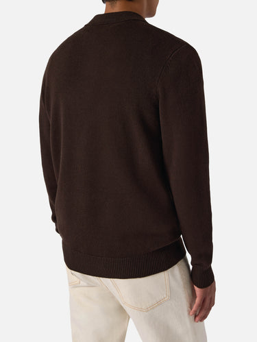 Pull style polo en laine mérinos marron