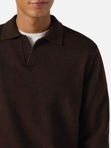 Pull style polo en laine mérinos marron
