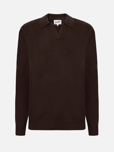 Pull style polo en laine mérinos marron
